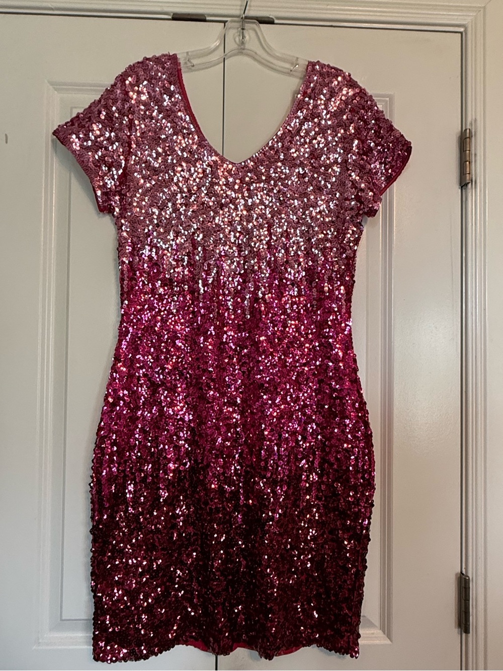 NWT MANER SZ L Pink Ombré Sequined Lined Double V Neck Short Sleeve Dress